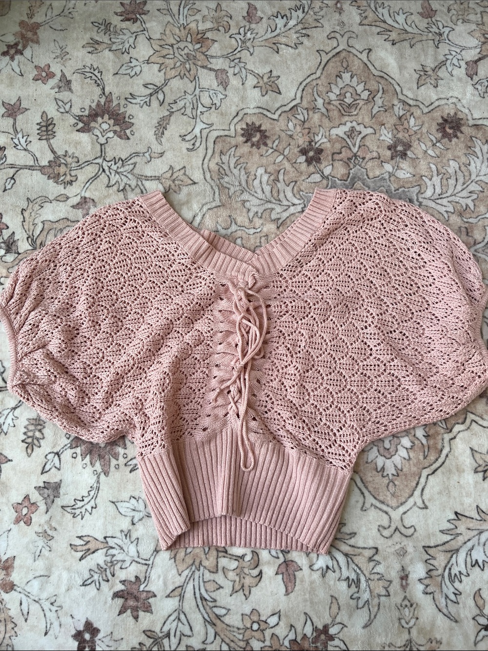 Forever 21 Blush Pink Crochet Lace-Up Crop Sweater